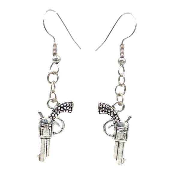 Western Revolver Earrings Silver Tone Pistol Dangles - Picture 1 of 3